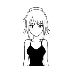 Black and white hot anime character line art illustration, stylish minimal outline drawing in clean style
