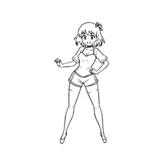 Black and white hot anime character line art illustration, stylish minimal outline drawing in clean style