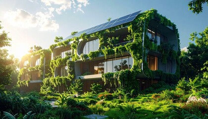 A futuristic eco-building covered with greenery and solar panels, ultra realistic, high-resolution