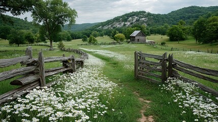 Rural landscape with a path leading to a barn surrounded by green fields.