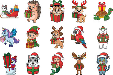 Naklejka premium Cute Christmas Animals and Characters with Gifts Cartoon Illustration Pack
