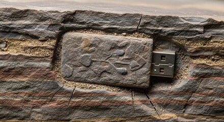 Data storage unearthed: Stone-carved USB drive amidst sedimentary rock formations evoking