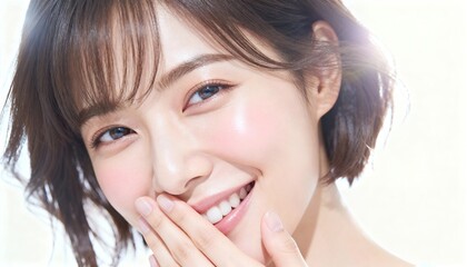 口元を隠し笑うショートヘアの女性