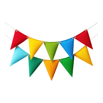 Colorful triangle flags joyful banners for festive birthdays and celebrations, isolated on transparent background
