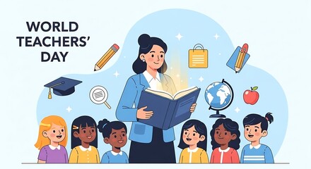 Passionate female teacher reads an illuminating storybook to a joyful, diverse group of young students, fostering learning and knowledge in a vibrant educational setting