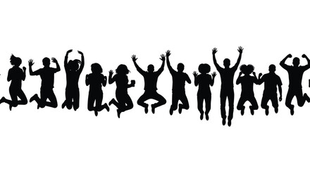 A group of diverse people celebrating with joy and enthusiasm by jumping in the air.