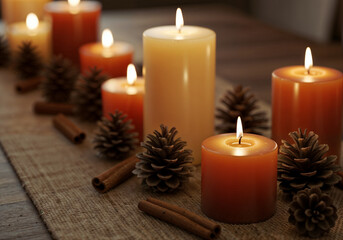 Candles glow softly creating a warm ambiance with pine cones and cinnamon sticks on a burlap runner