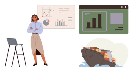 Businesswoman standing by stool with arms crossed next to analytics charts, digital dashboard, and cargo ship. Ideal for logistics, trade, data analysis, teamwork, global supply, strategy simple
