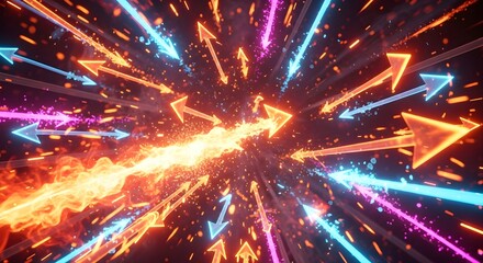 Naklejka premium Glowing directional arrows in vibrant neon colors pierce through a fiery energy stream and cosmic particles