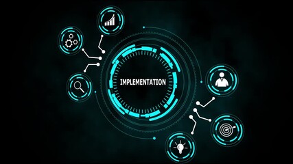 Futuristic digital interface displaying implementation process, business idea. Idea innovation, business, technology and network concept. Futuristic digital interface with growth strategy. - Powered by Adobe