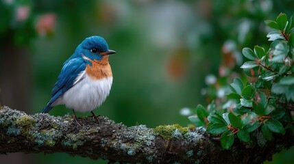 Fototapeta premium Vibrant Bluebird Perched on Mossy Branch with Lush Green Background Cinematic HDR Wildlife Shot