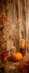 Obraz premium Premium Halloween Spider Web Decoration with Autumn Seasonal Elements for Modern Millennial Lifestyle Marketing and Social Media Campaigns