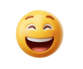 A cheerful and happy yellow emoji face with a wide open mouth and closed eyes, expressing extreme joy and laughter, isolated on transparent background