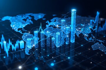 World map with glowing blue bar charts and line graphs.