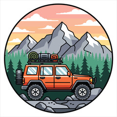 Dawn overland jeep in pine forest