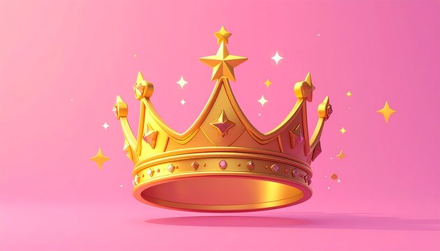 A golden crown with embedded jewels floats against a pink background, adorned with sparkling stars - Powered by Adobe