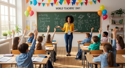A teacher guides a classroom of eager students, celebrating World Teachers' Day with enthusiasm and joy