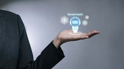 AI Mental Health Assistant Hologram on Business Professional’s Hand