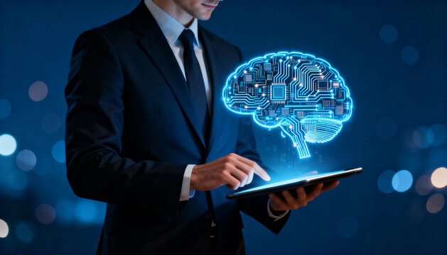 A man in a suit holding a tablet, with a glowing blue brain illustration. - Powered by Adobe