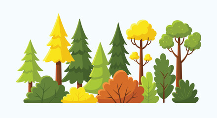 A vibrant collection of coniferous and deciduous trees with colorful foliage in a natural outdoor setting.