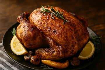Delicious roasted whole chicken with lemon and herbs.