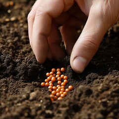 Hand placing orange seeds in dark soil