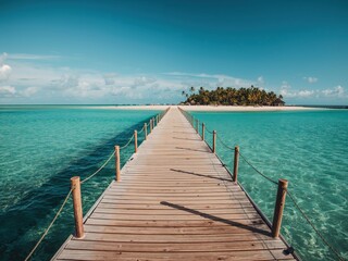 Fototapeta premium Wooden pier stretching over clear turquoise waters towards a lush tropical island under a bright blue sky
