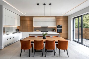 Modern open plan kitchen and dining area with island and wooden accents