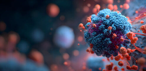 Detailed virus particle floats in a microscopic environment, surrounded by smaller particles and strands, creating a sense of scientific exploration and medical discovery.
