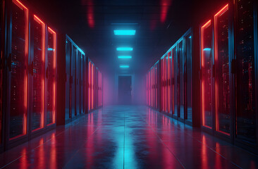 Server racks glow with red and blue neon lights in a dark data center, creating a futuristic and hightech atmosphere.