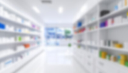Pharmacy blurred medicine shelves aisle showcase sterile healthcare products and pharmaceutical supplies in a bright, clean, modern retail environment.
