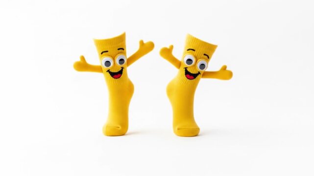 Cheerful Yellow Sock Puppets Dancing on White Background
