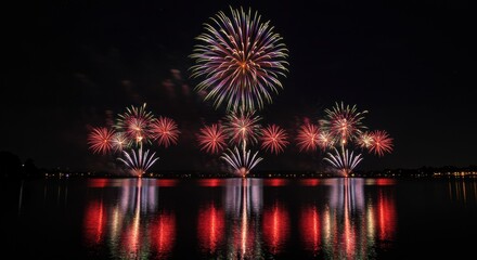 Spectacular fireworks display over calm lake nighttime celebration stunning visuals reflective water vibrant colors
