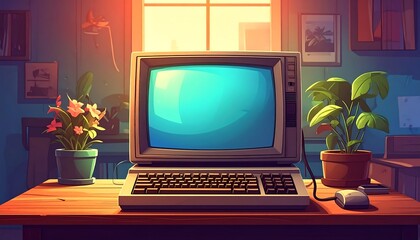 Retro computer room scene