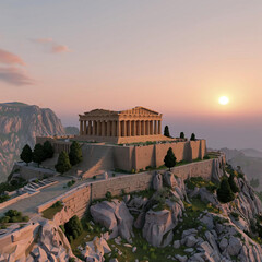 An ancient Greek temple on a mountain top.
