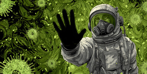 Astronaut in protective suit raises hand to stop spread of green virus in space, creating a barrier against contamination and highlighting themes of isolation and protection.