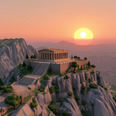 An ancient Greek temple on a mountain top.