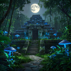 A Mayan temple lost in the jungle, engulfed by fantastical glowing blue mushrooms