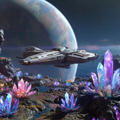 A spaceship lands on a planet where crystals grow instead of plants.