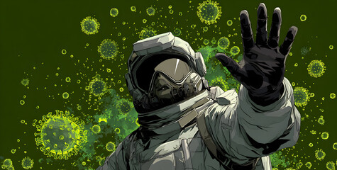 Astronaut in spacesuit holds up hand against a swarm of coronavirus particles in a symbolic representation of pandemic prevention, creating a dramatic and cautionary image.