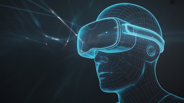 Glowing virtual reality headset on wireframe head digital