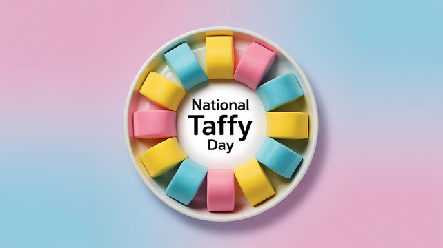 Colorful taffy pieces arranged in a circular pattern on a plate, celebrating National Taffy Day against a pastel gradient background.