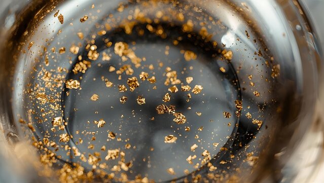 Macro detail of sparkling gold glitter particles suspended in a dark, glossy liquid or glass. Abstract and opulent background with a shallow depth of field creating a magical bokeh effect - Powered by Adobe