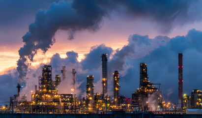 Industrial refinery emitting smoke into the atmosphere at sunset, showcasing environmental concerns and energy production with a dramatic and concerning mood.