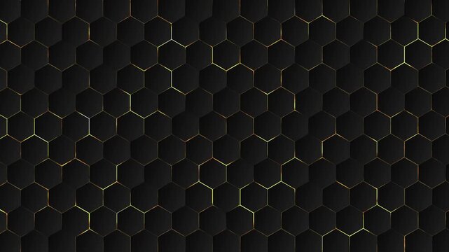 Honeycomb pattern golden glow hexagonal grid. 3D geometric structure creates tech-inspired design, for digital backgrounds, sci-fi themes, luxury branding, abstract futuristic scenes, modern layouts.