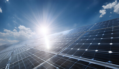 Solar panels gleam under bright sunlight in a field, showcasing renewable energy and sustainable technology for a clean future.