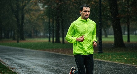 Running in the rain man in neon jacket urban park sports wet environment dynamic viewpoint