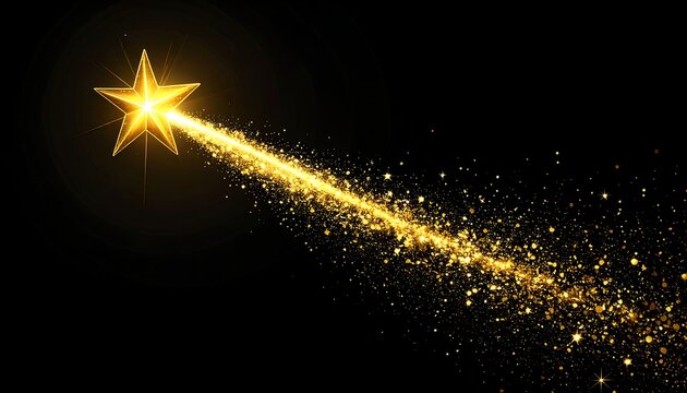A golden star with a glittering trail across a black background
