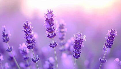 Naklejka premium Golden light bathes the purple lavender field at sunset, highlighting the delicate flowers in full summer bloom