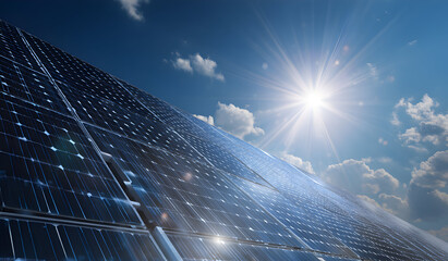 Solar panels gleam under bright sun against blue sky with scattered clouds, showcasing renewable energy source and sustainable technology for a clean future.